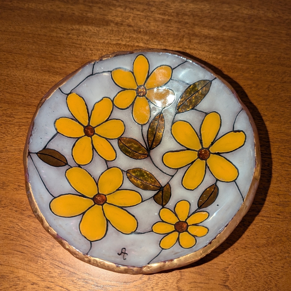 Hand Painted Glass Decorative Bowl with Gold Trim